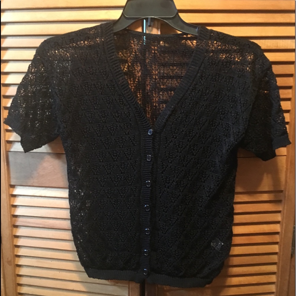 Attic Collection Black Crinkle Pointelle Knit Cardigan